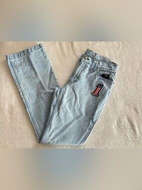 Harley Davidson Light Wash Embroidered #1 Patch Straight Jeans 6 Y2K US Flag j15